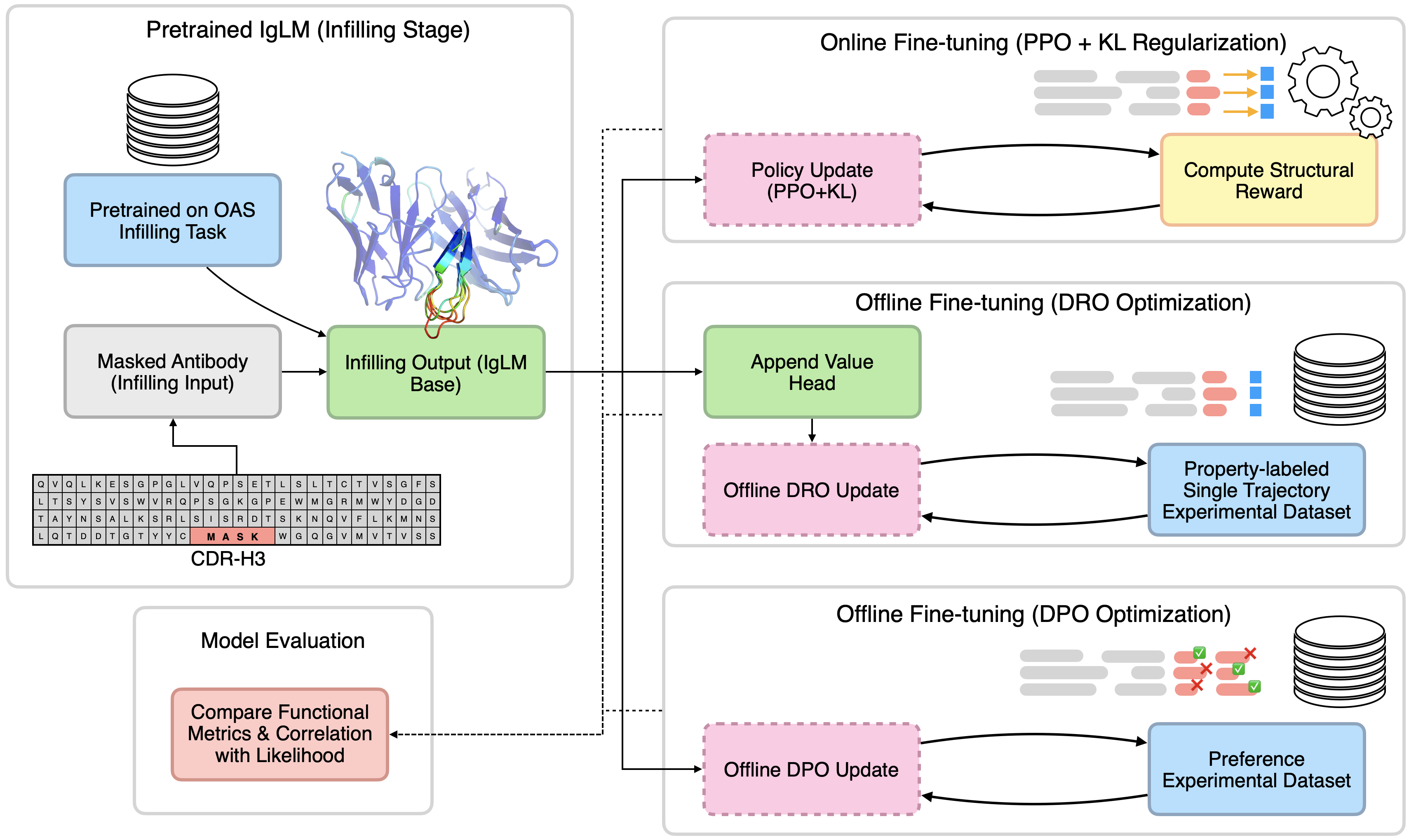 ProteinTuneRL diagram showing antibody sequence infilling within a masked region